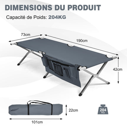 Pat pliabil de camping, capacitate de 200 kg, geantă de transport, gri