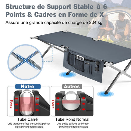 Pat pliabil de camping, capacitate de 200 kg, geantă de transport, gri