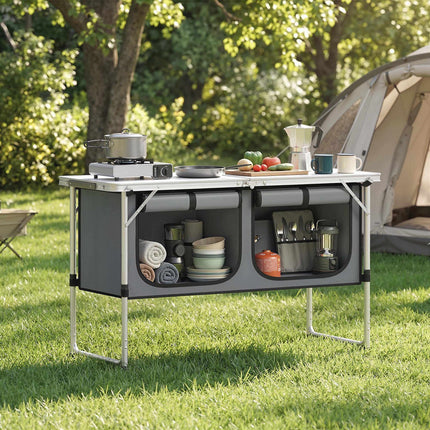 Bucătărie pliabilă pentru camping cu cadru din aluminiu și spațiu de depozitare