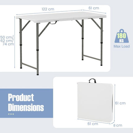Masă pliabilă de camping 122 cm, înălțime reglabilă, blat HDPE