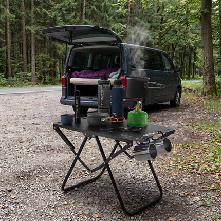 Masă pliabilă de camping, neagră, cadru din oțel cu husă