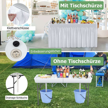 Masă de camping pliabilă cu bazin dublu și furtun de scurgere