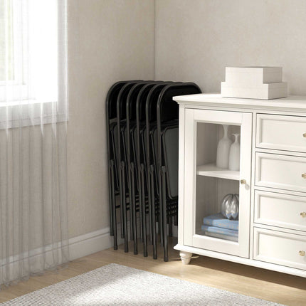 Set de 6 scaune pliabile, piele ecologică neagră, cadru din oțel