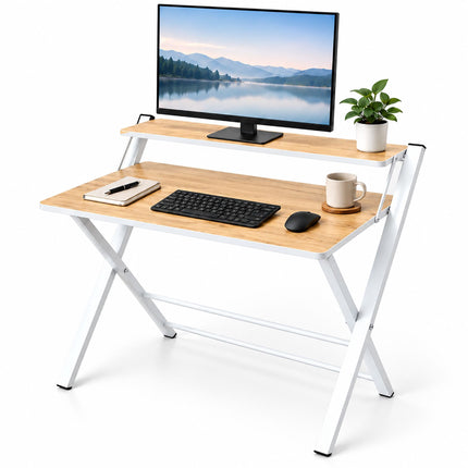 Folding Computer Desk with Monitor Riser, 2 Levels, Natural Wood Effect, White