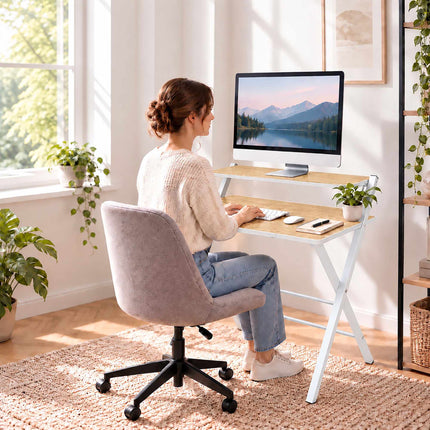 Folding Computer Desk with Monitor Riser, 2 Levels, Natural Wood Effect, White