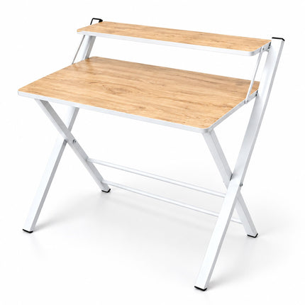 Folding Computer Desk with Monitor Riser, 2 Levels, Natural Wood Effect, White