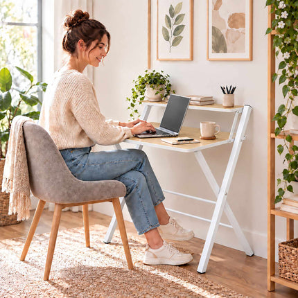 Folding Computer Desk with Monitor Riser, 2 Levels, Natural Wood Effect, White