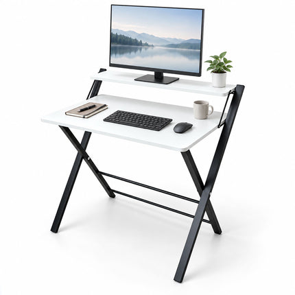 Folding Computer Desk with Monitor Riser and 2 Levels, 20 kg Load, Black Frame