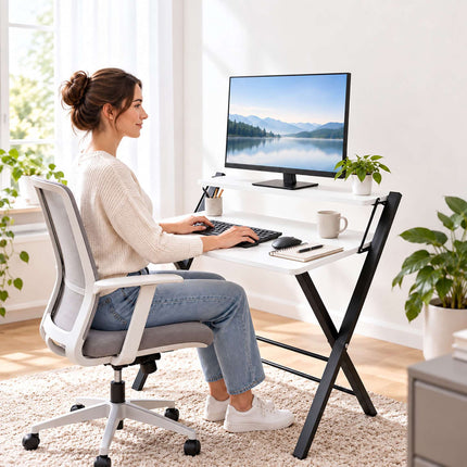 Folding Computer Desk with Monitor Riser and 2 Levels, 20 kg Load, Black Frame