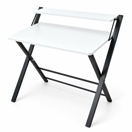 Folding Computer Desk with Monitor Riser and 2 Levels, 20 kg Load, Black Frame