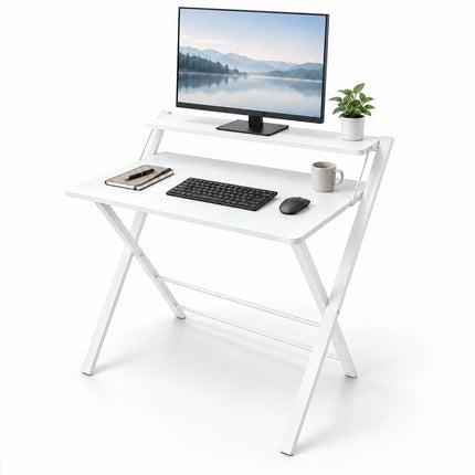 Folding Computer Desk with Monitor Riser and 2 Levels, 20 kg Load, White