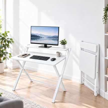 Folding Computer Desk with Monitor Riser and 2 Levels, 20 kg Load, White