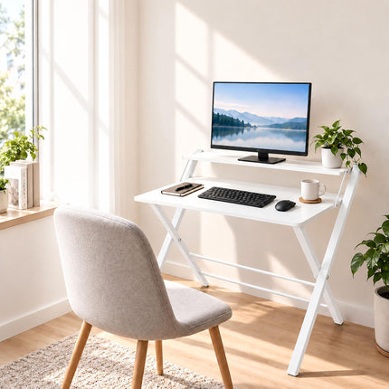 Folding Computer Desk with Monitor Riser and 2 Levels, 20 kg Load, White