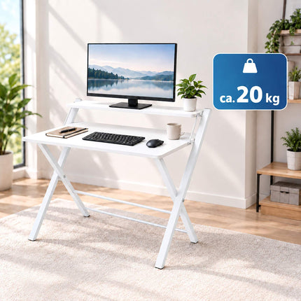 Folding Computer Desk with Monitor Riser and 2 Levels, 20 kg Load, White