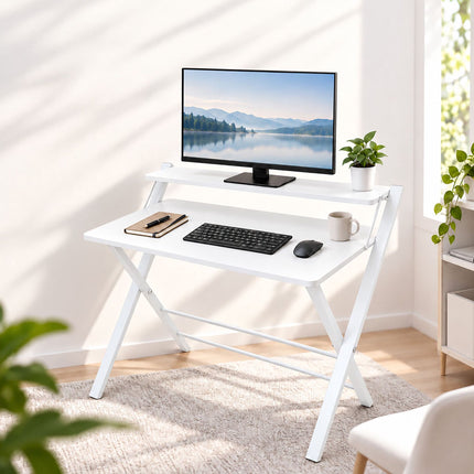Folding Computer Desk with Monitor Riser and 2 Levels, 20 kg Load, White