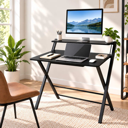 Folding Computer Desk with Monitor Shelf and X-Shaped Frame, Black