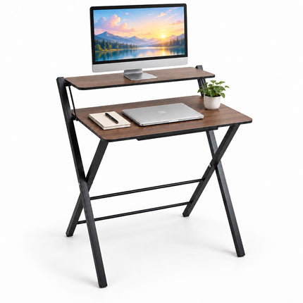 Folding Computer Desk with Monitor Stand, 2 Tiers, Brown Wood Look, Black Frame
