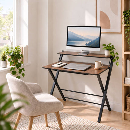 Folding Computer Desk with Monitor Stand, 2 Tiers, Brown Wood Look, Black Frame