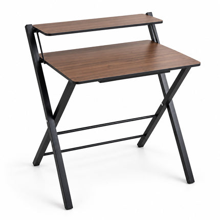 Folding Computer Desk with Monitor Stand, 2 Tiers, Brown Wood Look, Black Frame