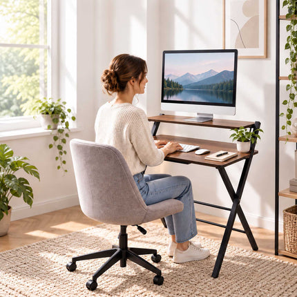 Folding Computer Desk with Monitor Stand, 2 Tiers, Brown Wood Look, Black Frame