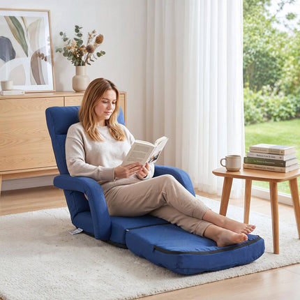 Folding Floor Gaming Chair, 5-Position Back, Armrests, Dark Blue