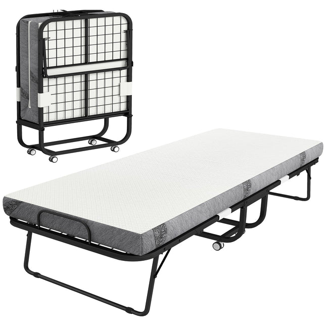 Folding Guest Bed with Mattress, Wheels, Steel Frame