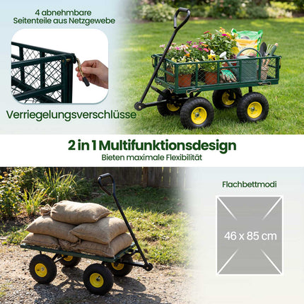 Cărucior de grădină pliabil, metalic, rezistent, capacitate 408 kg, verde