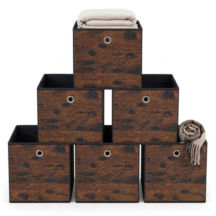 Folding Storage Box Set of 6 with Wood-Look Finish, Brown, 30 x 30 x 30 cm
