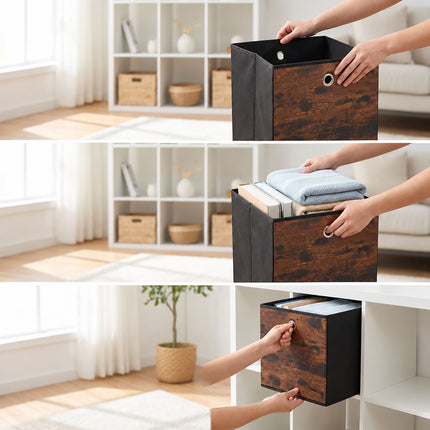 Folding Storage Box Set of 6 with Wood-Look Finish, Brown, 30 x 30 x 30 cm