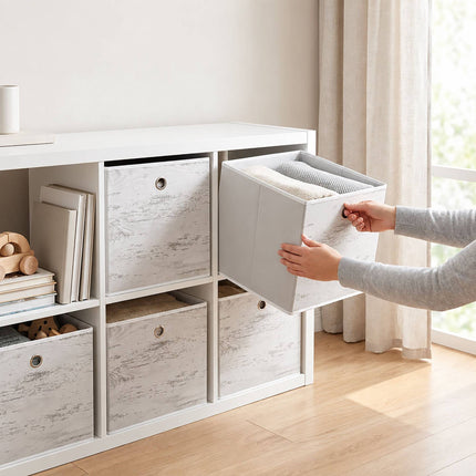 Folding Storage Box Set of 6 with Wood-Look Finish, White, 30 x 30 x 30 cm