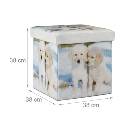 Folding Storage Ottoman with Padded Seat, 38 L, Puppy Print, Faux Leather