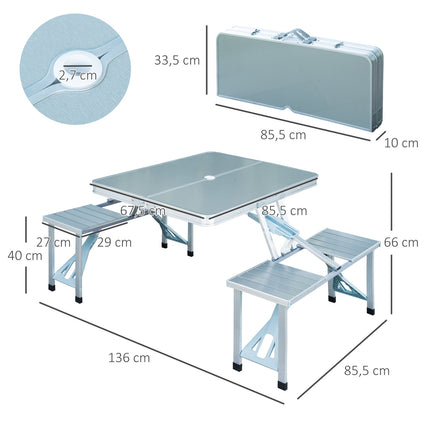 Portable folding aluminum table with seats, Silver, 85x68 Cm