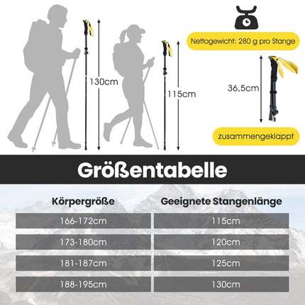 Bețe de trekking pliabile, cu închidere rapidă, 115-130 cm, galbene