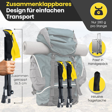 Bețe de trekking pliabile, cu închidere rapidă, 115-130 cm, galbene