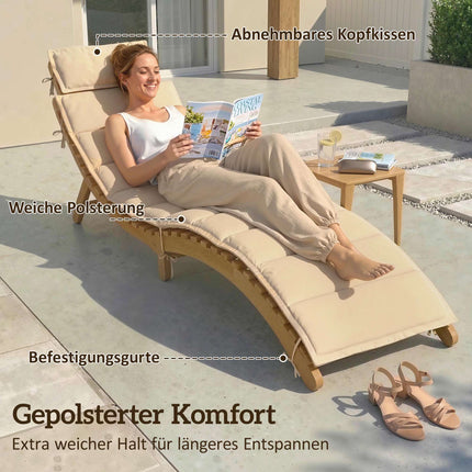Folding Weatherproof Wooden Sun Lounger with Cushion, Beige