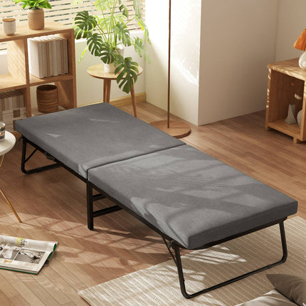 Pat pliant 70 x 190 cm pat pliant pentru oaspeți cu saltea din spumă de 7 cm, tăblie reglabilă, pat de călătorie cu roți, aspect lenjerie, cadru metalic pentru birou, cameră de oaspeți, gri închis