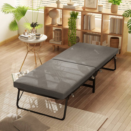 Pat pliant 70 x 190 cm pat pliant pentru oaspeți cu saltea din spumă de 7 cm, tăblie reglabilă, pat de călătorie cu roți, aspect lenjerie, cadru metalic pentru birou, cameră de oaspeți, gri închis