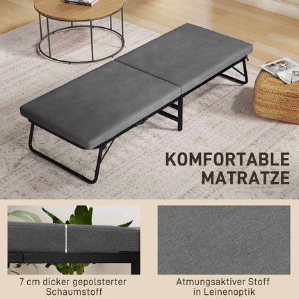 Pat pliant 70 x 190 cm pat pliant pentru oaspeți cu saltea din spumă de 7 cm, tăblie reglabilă, pat de călătorie cu roți, aspect lenjerie, cadru metalic pentru birou, cameră de oaspeți, gri închis