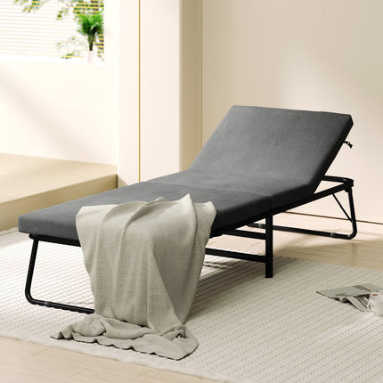 Pat pliant 70 x 190 cm pat pliant pentru oaspeți cu saltea din spumă de 7 cm, tăblie reglabilă, pat de călătorie cu roți, aspect lenjerie, cadru metalic pentru birou, cameră de oaspeți, gri închis
