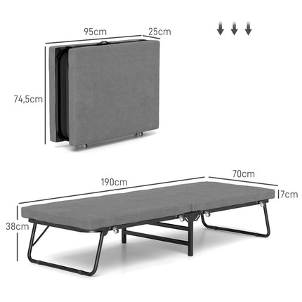 Pat pliant 70 x 190 cm pat pliant pentru oaspeți cu saltea din spumă de 7 cm, tăblie reglabilă, pat de călătorie cu roți, aspect lenjerie, cadru metalic pentru birou, cameră de oaspeți, gri închis
