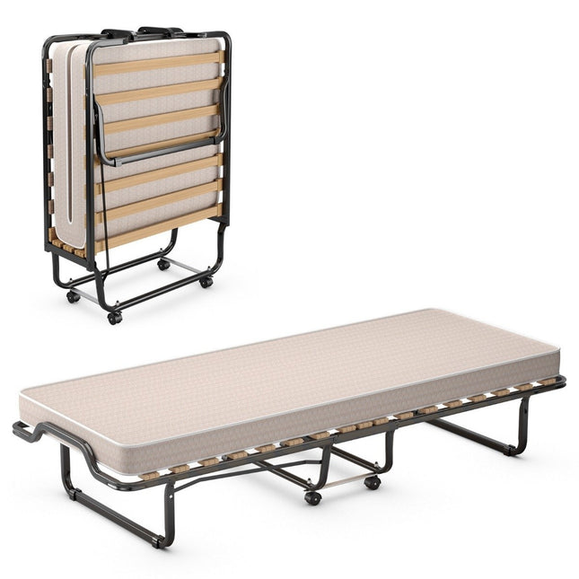 Folding bed rollaway bed with luxurious mattress 200 x 90 x 41 cm beige Made in Italy Origin: Italy