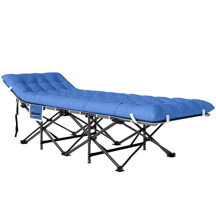 Pat de tabără pliabil, pat de camping cu saltea, pernă, buzunar lateral, 190 x 65 x 37 cm, șezlong de camping pentru adulți, pat pentru oaspeți până la 150 kg, pat pliant pentru exterior, grădină, camping, călătorie, albastru închis