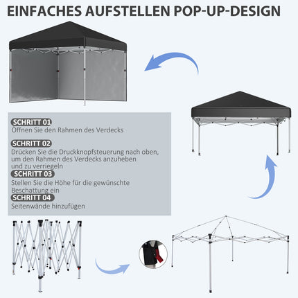 Pavilion pliabil 2,97 x 2,97 m cu protecție UV și pereți laterali, cort de petrecere cu sac de nisip, cort pop-up pentru terasă din oțel negru