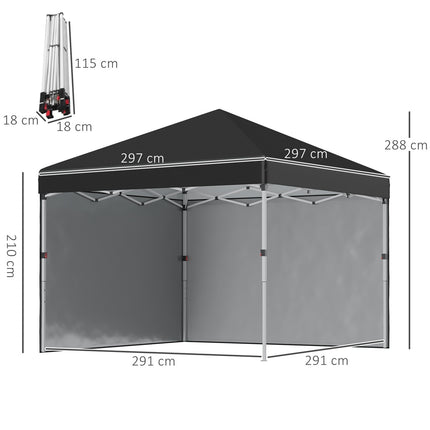 Pavilion pliabil 2,97 x 2,97 m cu protecție UV și pereți laterali, cort de petrecere cu sac de nisip, cort pop-up pentru terasă din oțel negru