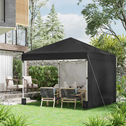 Pavilion pliabil 2,97 x 2,97 m cu protecție UV și pereți laterali, cort de petrecere cu sac de nisip, cort pop-up pentru terasă din oțel negru