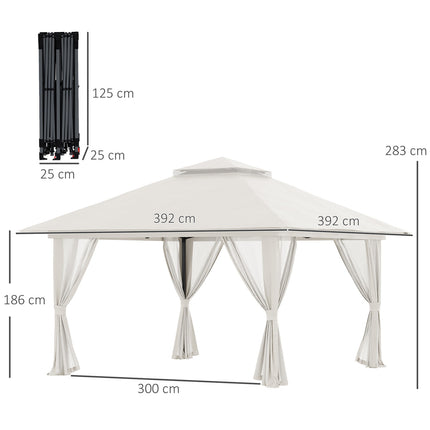 Pavilion pliabil 4x4 m cu 4 perdele de plasă, reglabil pe înălțime, protecție UV, acoperiș dublu, geantă de transport, alb crem pentru grădină și evenimente
