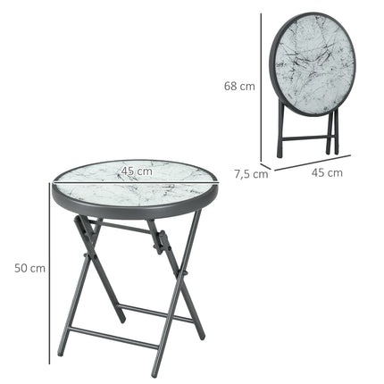 Masuta laterala plianta, masa plianta din sticla cu aspect de marmura, masa mica de camping, masa rotunda de canapea, masa de balcon pentru balcon, terasa, living, birou, 45 x 45 x 50 cm, alb