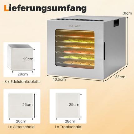 Deshidratator alimentar, 8 tăvi, cronometru 48h, 35–75°C, argintiu