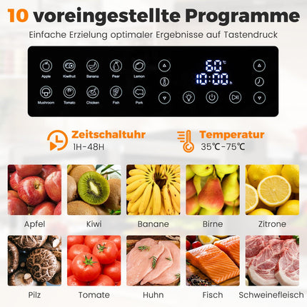 Deshidratator alimentar, 8 tăvi, cronometru 48h, 35–75°C, argintiu