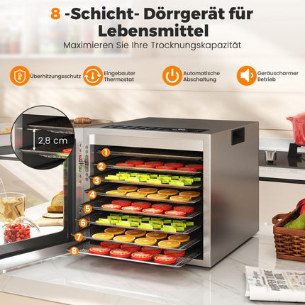 Deshidratator alimentar, 8 tăvi, cronometru 48h, 35–75°C, argintiu
